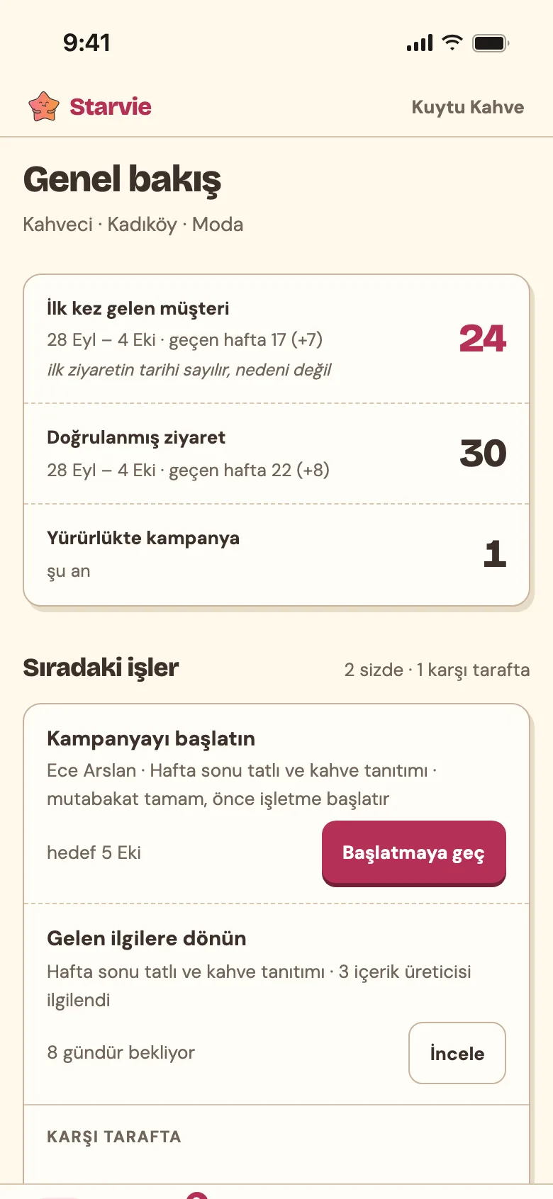 Starvie işletme paneli telefonda: ilk kez gelen müşteri, doğrulanmış ziyaret ve sıradaki işler