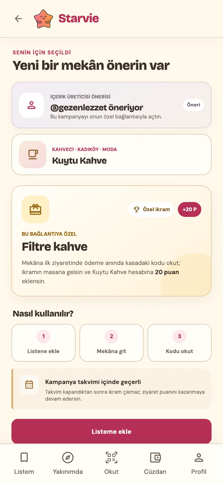 Kampanya bağlantısının açtığı ekran: Kuytu Kahve, Filtre kahve ikramı ve Listeme ekle düğmesi