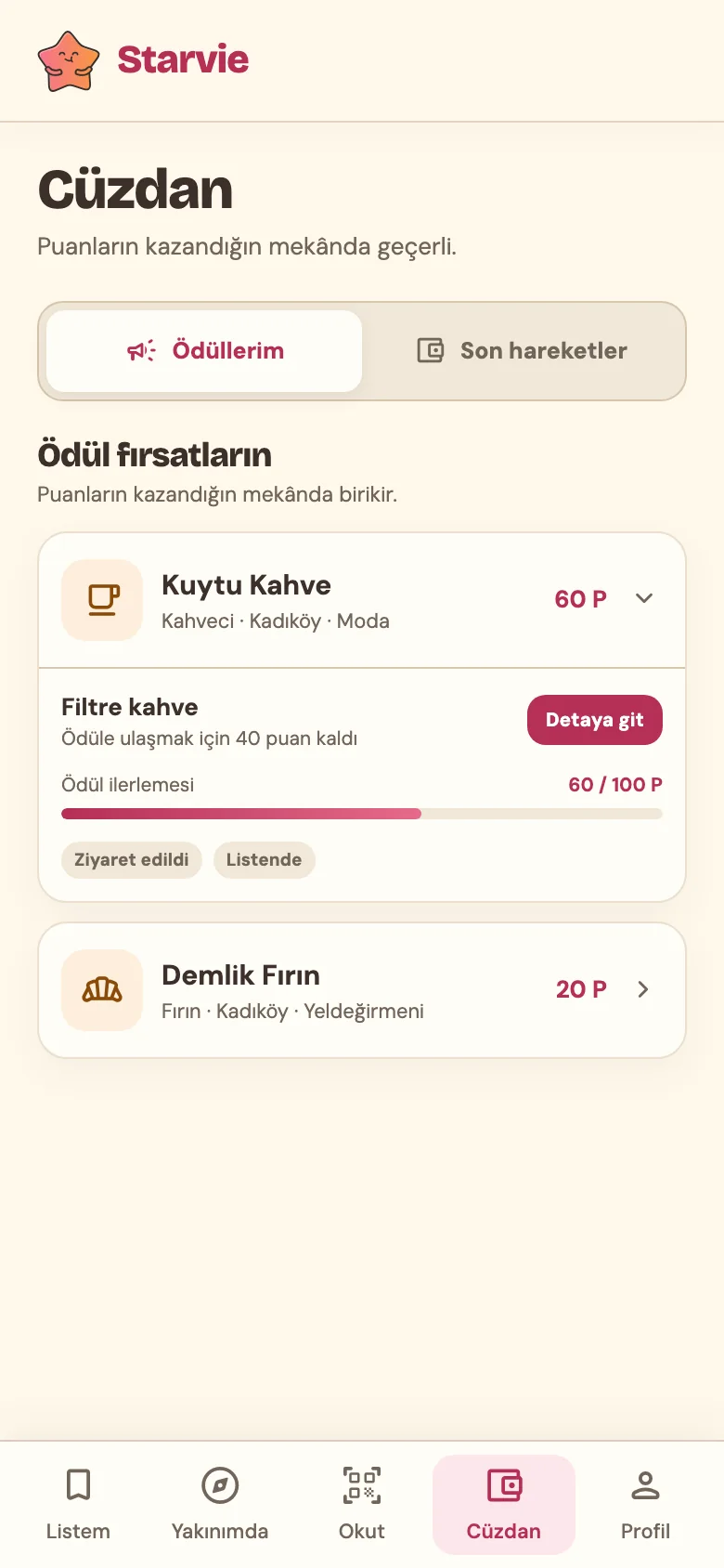 Cüzdan ekranı: Kuytu Kahve 60 puan, Filtre kahve için 40 puan kaldı